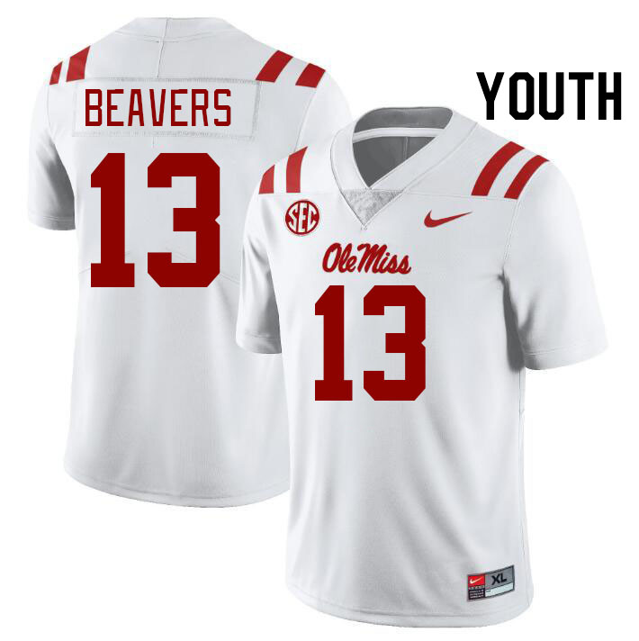 Youth #13 Cedrick Beavers Ole Miss Rebels College Football Jerseys Stitched-White